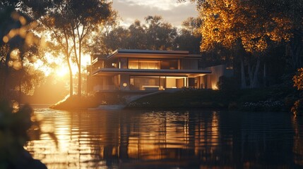 Fototapeta premium A riverbank modern house rendered in 3D, illuminated by soft lights, with a backdrop of trees and a setting sun.