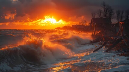 the illustration of tsunami at beach