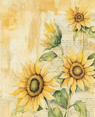 Whimsical Watercolor Sunflowers with Vintage Beige Newsprint