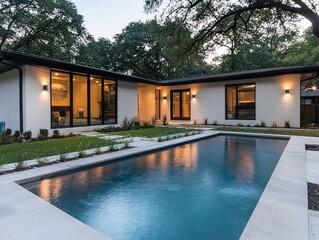 Fototapeta premium Modern Architecture Meets Tranquility A Stunning Home with Pool and Serenity in Design