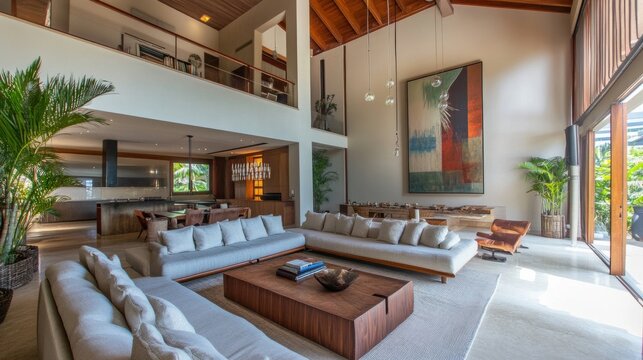 Elegant living space showcasing a high ceiling, an airy mezzanine, and a harmonious blend of modern decor.
