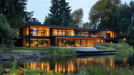 Obraz premium Evening scene of a riverside modern house, featuring a blend of wood and glass, surrounded by natural beauty.
