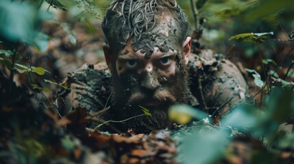 Obraz premium Wild Man Covered in Mud and Leaves Emerging from Forest
