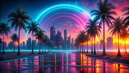 A vibrant coastal city skyline with a glowing halo and palm trees reflected in the water