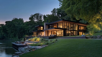 Modern architectural design of a house by the river at dusk, surrounded by lush greenery and soft landscape lighting.