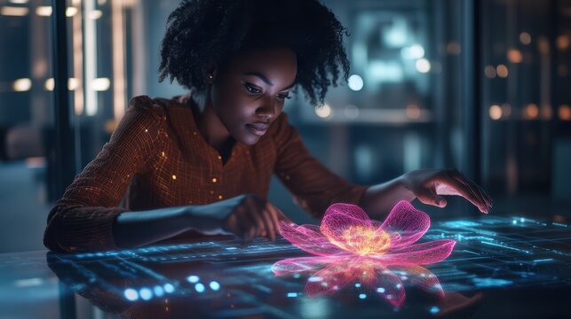 African female designer creating digital 3D holographic flower using AI technology at futuristic office desk.