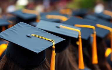 A close-up view of student graduation hats during a commencement ceremony, capturing the essence of success for university graduates