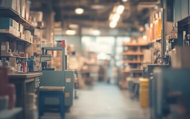 Obraz premium An atmospheric image of a factory shop, with a bokeh defocused background enhancing the industrial vibe