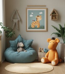 Frame poster mockup in children room interior background, 3D render, Generative AI