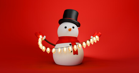 Snowmen 3d new year 2025 christmas gift box black hat and garland in the hand isolated red background