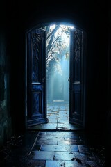 A pair of wooden doors open to reveal a pathway through a misty forest