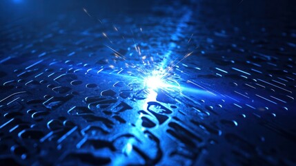 Obraz premium Blue color Laser CNC cut of metal with light spark, technology modern industrial banner