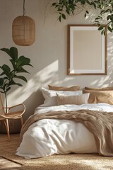 Mockup frame in modern bedroom interior background, 3d render, Generative AI