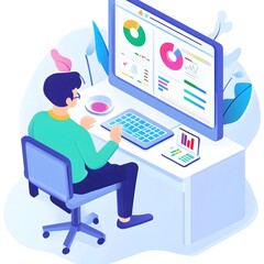 Fototapeta premium Businessman Analyzing Data on Computer Screen with Charts and Graphs