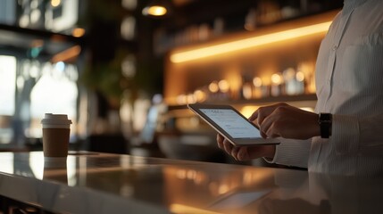 Business Professional Using Tablet in Modern Cafe Setting