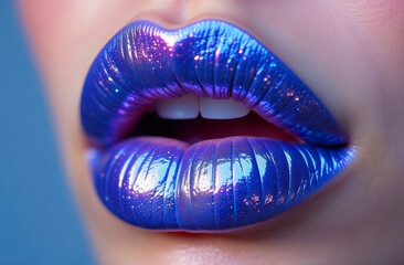 Close-up of lips coated with glossy, metallic purple lipstick