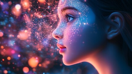 A digital generation teenager interacting with a glowing neural network, symbolizing modern cognitive growth. Tech art, soft pastel tones, holograms, dynamic lighting