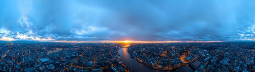 Fototapeta premium A panoramic view of a sunset over a cityscape with a winding river.
