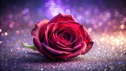A single rose with dew drops, resting on a bed of shimmering glitter, bathed in soft purple and golden lights.