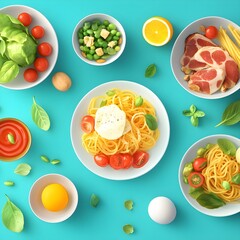 Pasta with Mozzarella  Tomatoes  and Basil on Blue Background