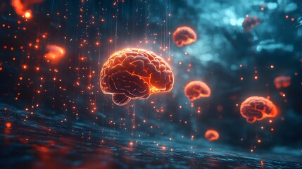 A dynamic, futuristic landscape of floating brains connected by light, representing the rapid cognitive abilities and mental connectivity of digital natives