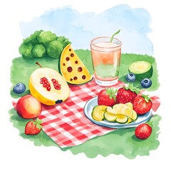 Watercolor Picnic with Fresh Fruit and Smoothie