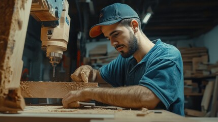 Carpenter worker using CNC Wood cutting machine in woodworking company.