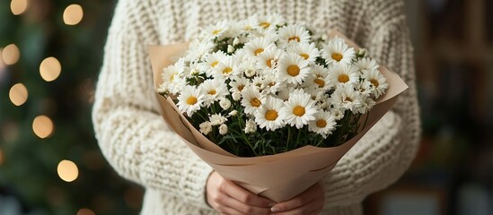 A Bouquet of White Daisies in a Person's Hands. Holding a Bouquet of White Daisies, with a copy space on the right side. AI generated image.