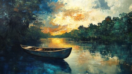 Obraz premium Serene landscape of a boat gently floating on a tranquil river at sunset, surrounded by lush greenery and calm waters, perfect for peaceful nature-themed visuals and outdoor scenery backdrops