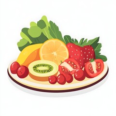 Naklejka premium Fresh Fruit Salad with Kiwi Lemon Strawberry Tomato and Cranberries on White Plate