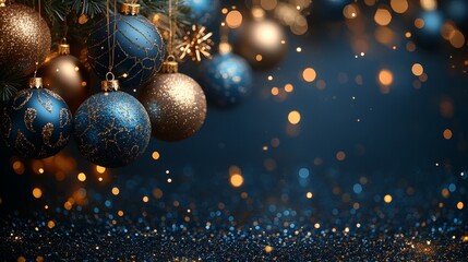 Christmas decorative background, festive balls, Christmas tree branches and a magical atmosphere.