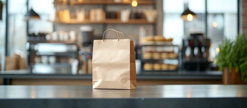 Paper Bag on a Table in a Cafe on blurred cafe background. Paper bags laid out on modern cafe tables ready for customers at delivery cafe restaurants or for takeaway food. AI generated image