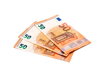 Three fifty euro bills are stacked on top of each other