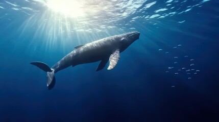 Naklejka premium A majestic whale swimming gracefully in clear blue water with sunlight streaming down.