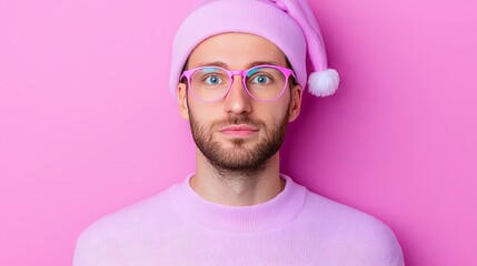 Man Wearing Pink Knit Hat and Glasses Against Pink Background