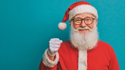 Naklejka premium Smiling Santa Claus with White Gloves on Blue Background
