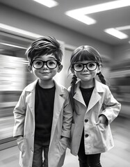 3D illustration of a cute boy & girl wearing a lab coat and glasses