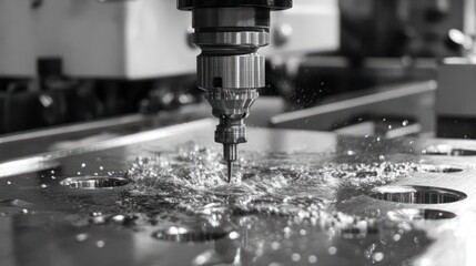 CNC machining centre drilling steel and using metal working fluid as coolant