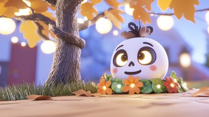 Fototapeta premium Cute Cartoon Pumpkin Character with Autumn Leaves and Tree