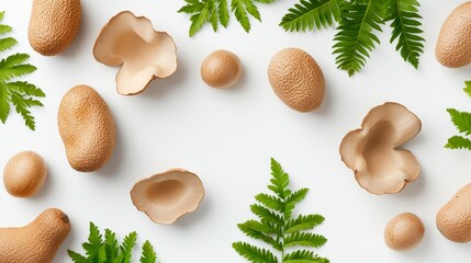 Top view of tamarind fruits, whole and split, with exposed seeds and textured pods, scattered naturally on a white surface, earthy and organic