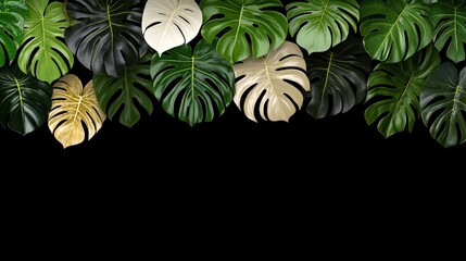 Fototapeta premium Tropical Monstera Leaf Border on Black Background Green White Gold Nature Design
