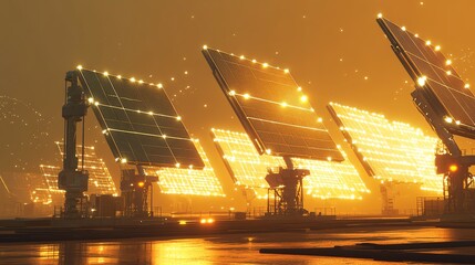 A solar farm managed by AI, with autonomous robots maintaining the panels and optimizing their angle for maximum efficiency.