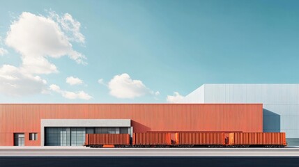 facade of an industrial building and warehouse with freight cars in length