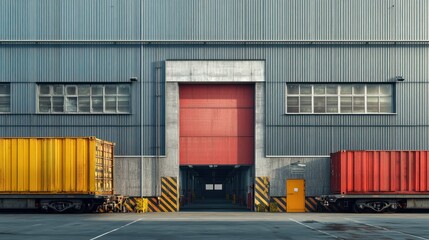 Obraz premium facade of an industrial building and warehouse with freight cars in length