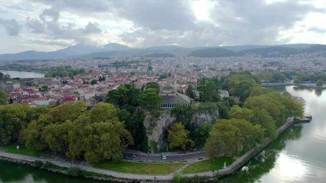 Ioannina Epirus Greece, Old Town Aslan Pasha Mosque View, Aerial Panning Shot