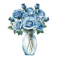 Watercolor blue roses in glass vase with isolated background, Blue rose bouquet with isolated background, Elegant blue roses in vase with isolated background.