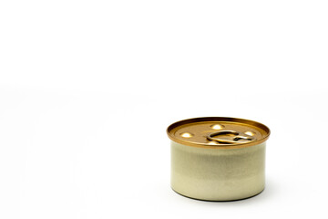 Can of food is sitting on a white background