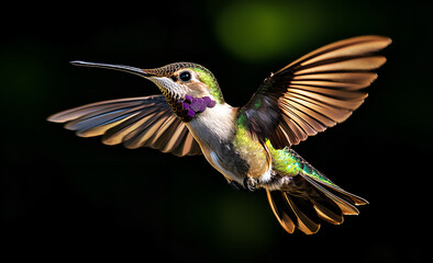 Fototapeta premium beautiful hummingbird in flight, macro photograph, purple and green feathers