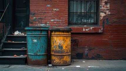 Obraz premium Vintage metal trash cans on rustic street corner evoke sense of nostalgia and urban charm. vibrant colors contrast with weathered brick wall