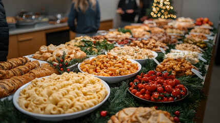 Festive Office Potluck with Abundant Food Spread